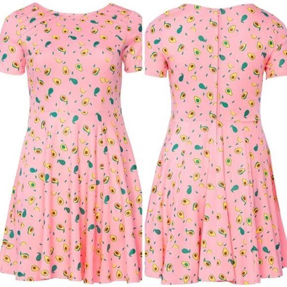 Unique Vintage Gwynnie Bee Avocado summer fruit Pink Fit-And-Flare‎ Dress, M - Picture 3 of 16